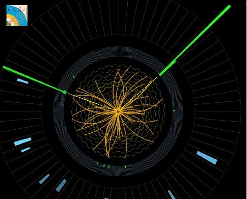 希格斯粒子在产生之后几乎瞬间就会衰变成两个光子，它们留下的路径（图中绿色），可以在这张来自CMS探测器的图像中观察到 图像来源：CERN,
