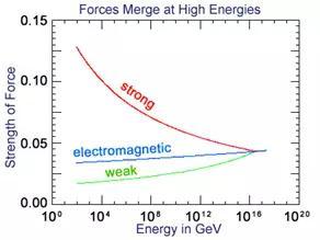 强弱电三种力的强度在超高能量时趋于一致。 图片来源：The Particle Adventure