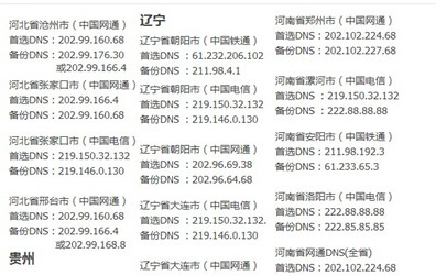 全国电信/网通/铁通dns地址有哪些