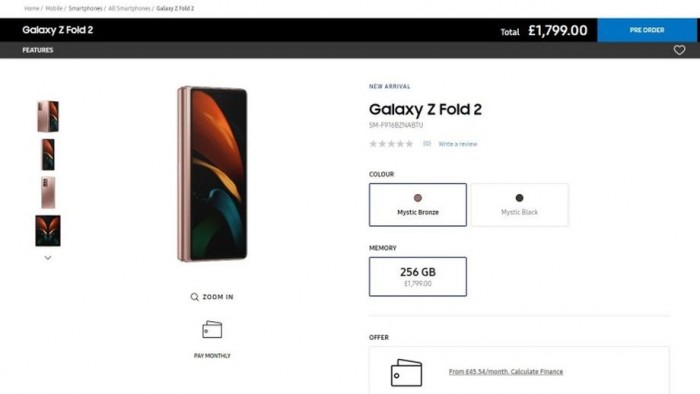 Galaxy Z Folds 2接受预订：售价1799英镑 9月17日发货