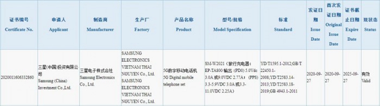 三星W21 5G折叠屏手机获得3C认证，或将于11月5日发布