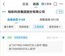 蚂蚁科技集团注册资本增加至 350 亿元