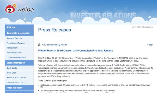 微博Q3财报:营收4.678亿美元,净利润1.462亿美元