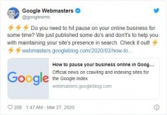 谷歌提醒网站管理员：疫情期间切勿关站 否则影响后续排名
