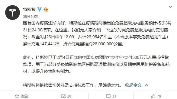 特斯拉：疫情期间免费超级充电服务预计3月31日结束