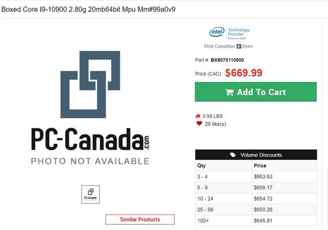 英特尔i9-10900上架国外电商:10核20线程,约3400元