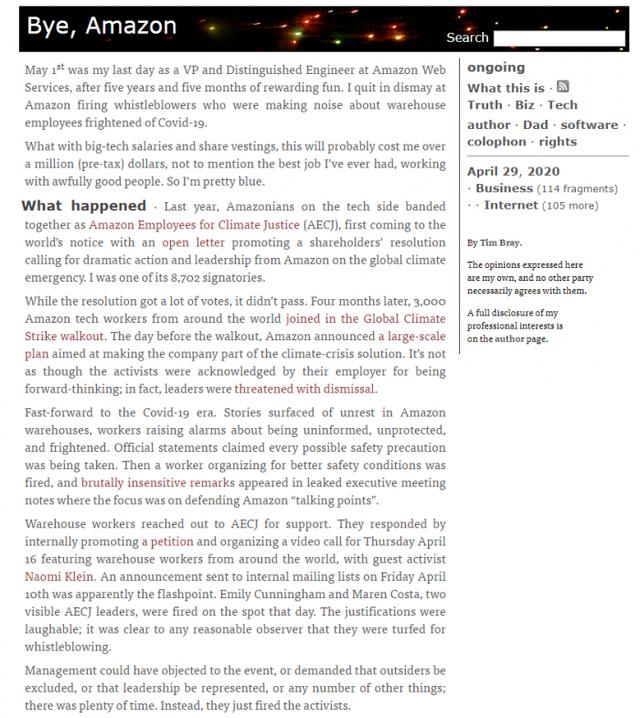 亚马逊副总裁辞职，称该公司解雇抗议工人的做法是“懦夫”行为