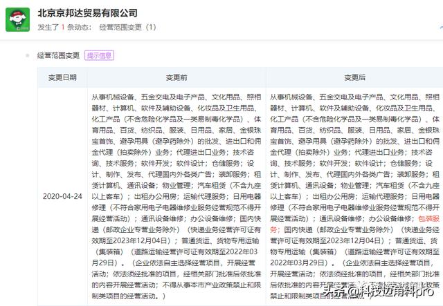 京东物流经营范围发生变更：新增包装服务