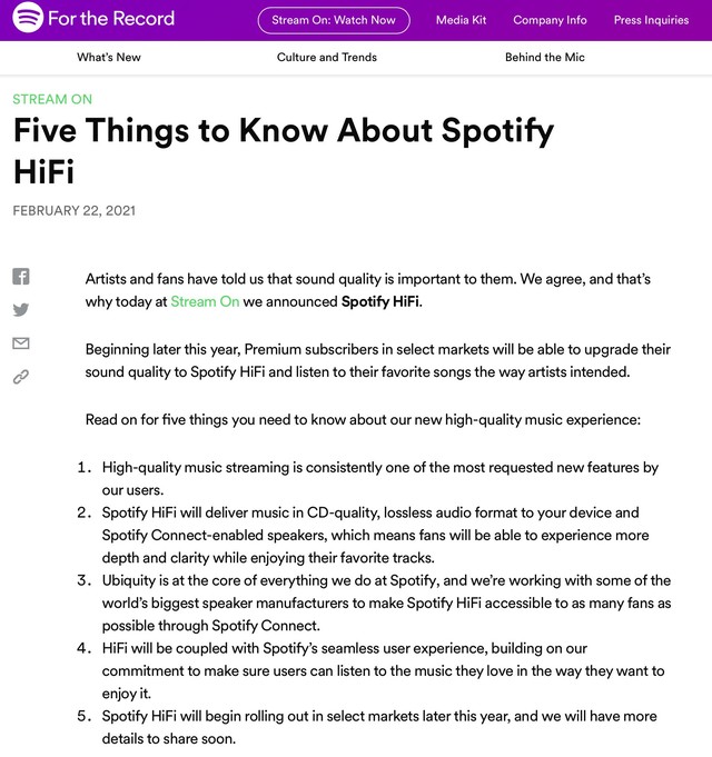 Spotify 推出 HI-FI 无损服务 苹果Apple Music路在何方？ 