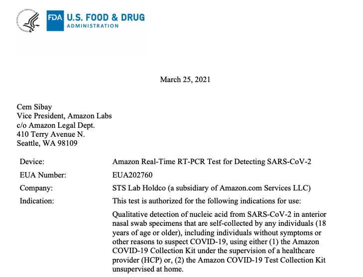 亚马逊自主新冠检测技术获美 FDA 批准,员工可在家检测