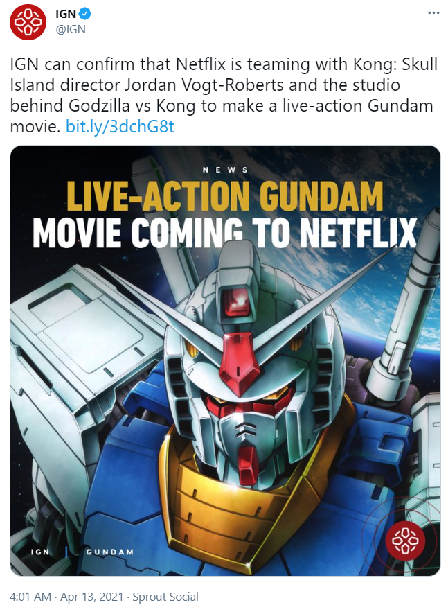 《机动战士高达》将拍真人电影:《金刚:骷髅岛》导演执导,将上线 Netflix