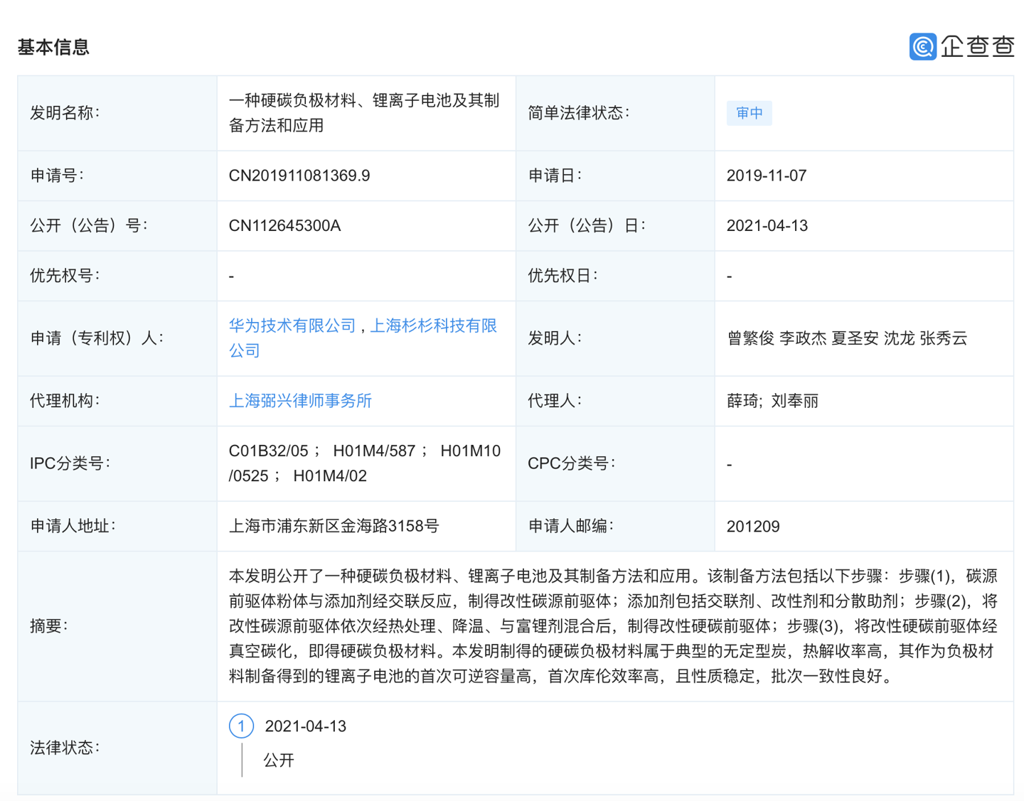 华为公开一种 “锂离子电池及其制备方法”专利