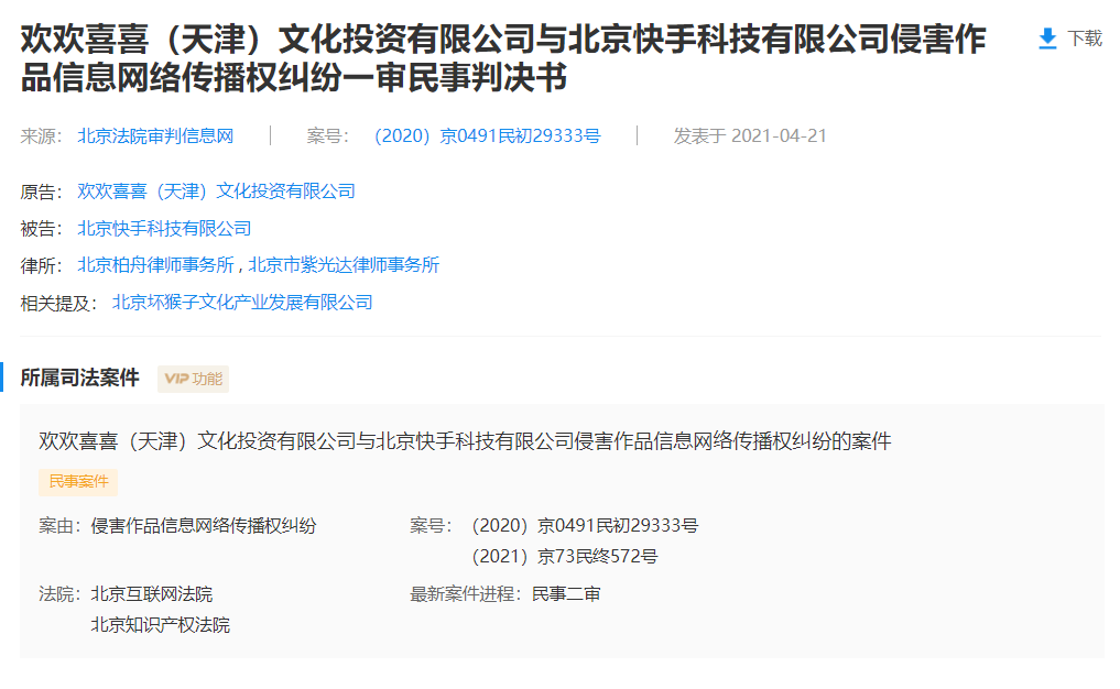 擅播《疯狂的外星人》侵权,快手被判赔 4 万元