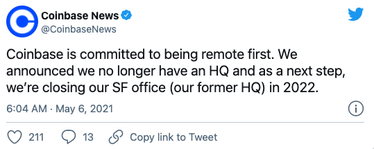 远程办公优先,美最大加密货币交易所 Coinbase 将关闭总部