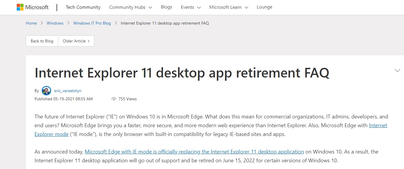 IE 浏览器再见,微软将于 2022 年 6 月 15 日删除个人版 Win10 中的 IE 11