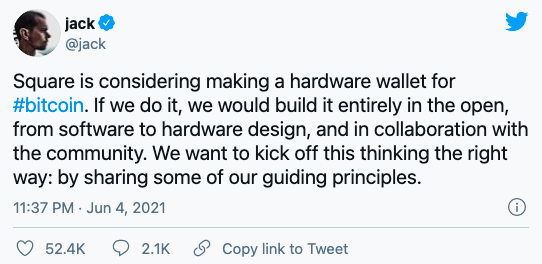 Square CEO:正考虑开发一个新的比特币硬件钱包