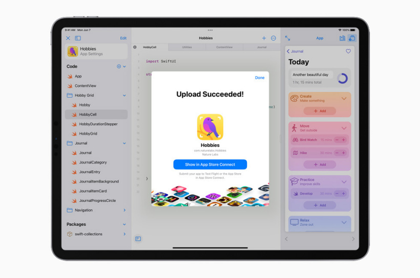 在一台 12.9 英寸 iPad Pro 上，一款 App 被上传至 App Store。