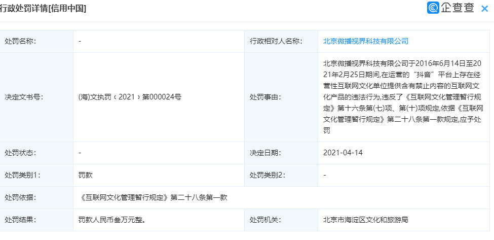 抖音因提供含有禁止内容被罚 3 万元