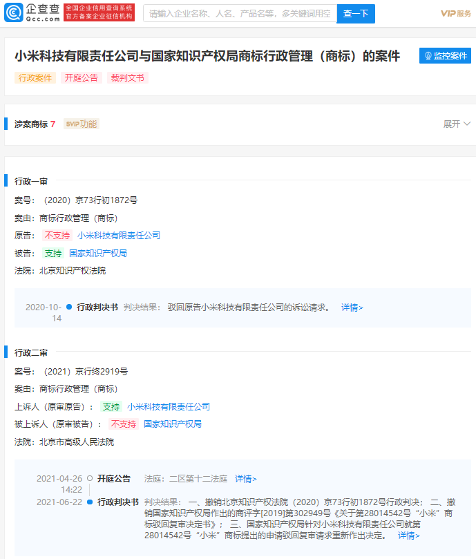 小米维权小米商标终审胜诉