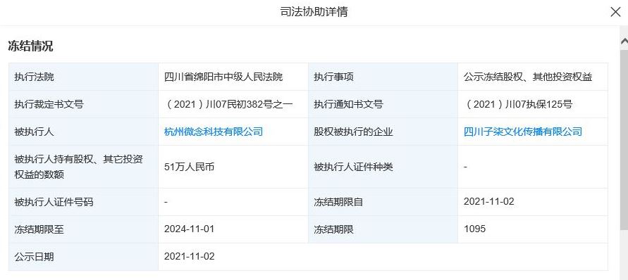 微念持有的李子柒关联公司51万元股权被冻结