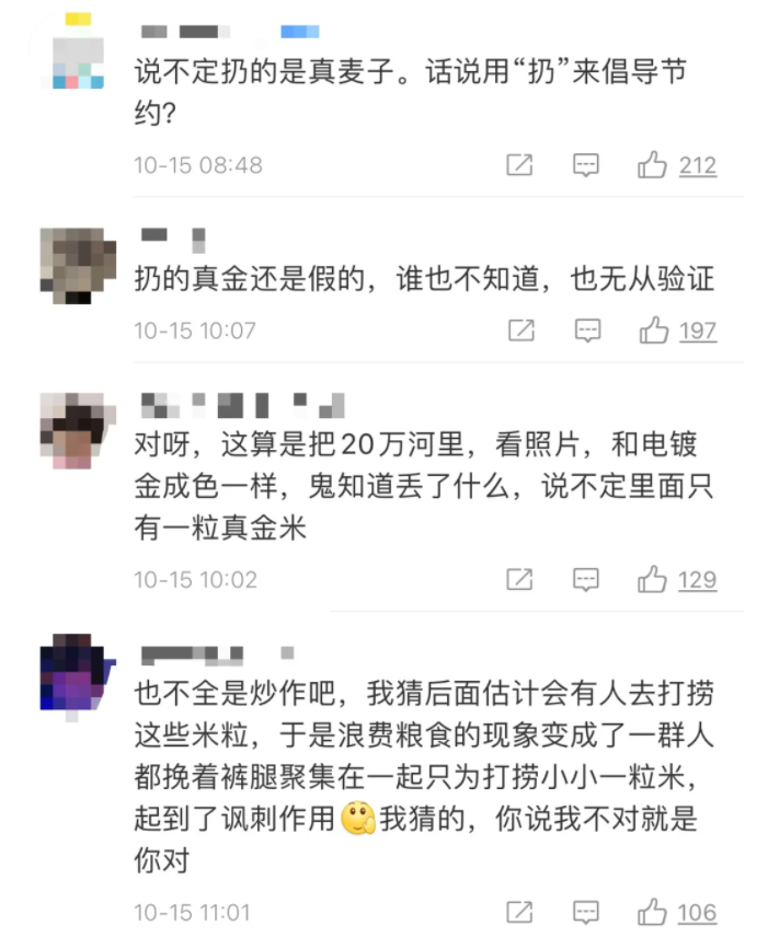 用黄金制1000粒米扔进黄浦江（杨烨炘表示以这种行为艺术的方式来讽刺浪费粮食的行为）