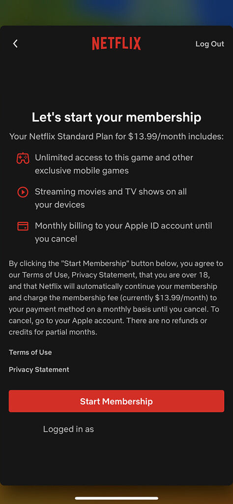 Netflix iOS in App purchase